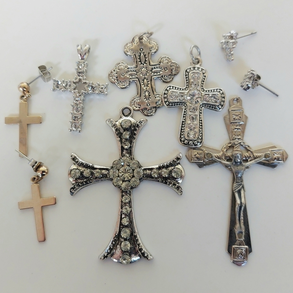 8 Vintage Crosses--Silvertone Gothic Religious Rhinestone Earrings/Studs